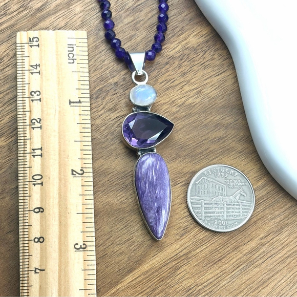Amethyst Moonstone Charoite Pendant Necklace Southwest Boho Vintage New 925 - Picture 8 of 10